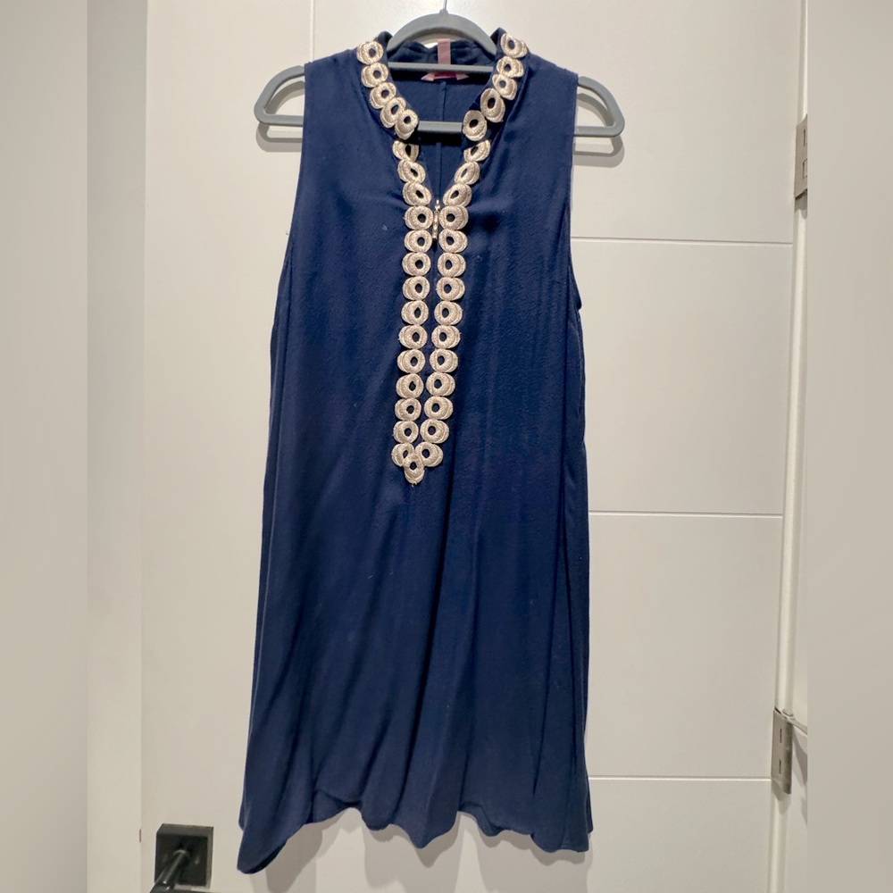 Lilly Pulitzer Women's Jane Shift Dress in True Navy Blue With Gold Trim